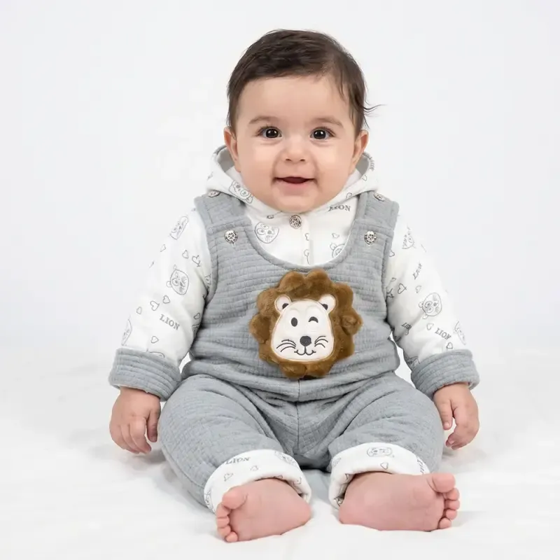 ست سرهمی گرم نوزادی شیر برجسته طوسی پاییزه و زمستانه