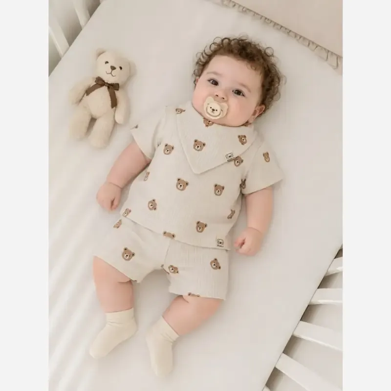 ست تیشرت شلوارک نوزادی طرح تدی جنس کبریتی