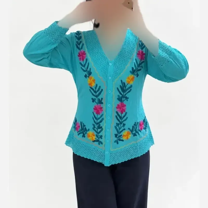 بلوز گلدوزی زنانه یقه هفت آستین سه ربع جنس نخ وارداتی سایز 38 تا 54