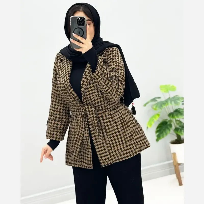 مانتو کتی پیردوپیل رنگ مشکی و قهوه ای با کمربند سایز 1 و 2